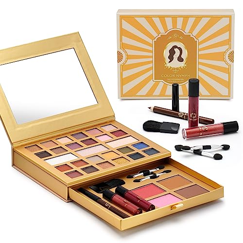 Color Nymph Makeup Kit for Women All in One Makeup Set for Teens Beginners Travel Makeup Palette Includes 24 Eyeshadows, Contour Powder, Highly Pigmented Lip Glosses, Brushes, Eyeliner Pencil and Mirror