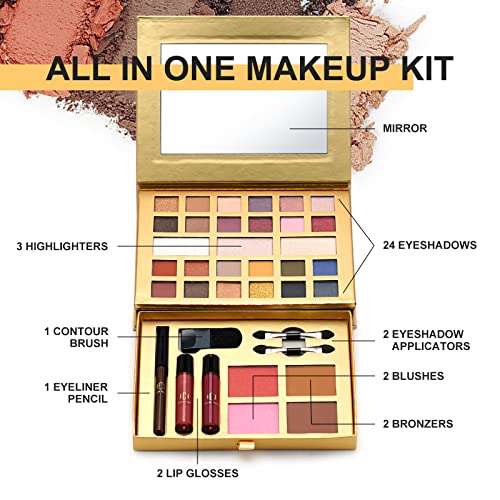 Color Nymph Makeup Kit for Women All in One Makeup Set for Teens Beginners Travel Makeup Palette Includes 24 Eyeshadows, Contour Powder, Highly Pigmented Lip Glosses, Brushes, Eyeliner Pencil and Mirror