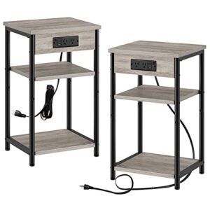 rolanstar end table with charging station, set of 2 small nightstand with storage shelf, 3 tier slim side table with usb ports & outlets, sofa bedside table for bedroom, living room, greige