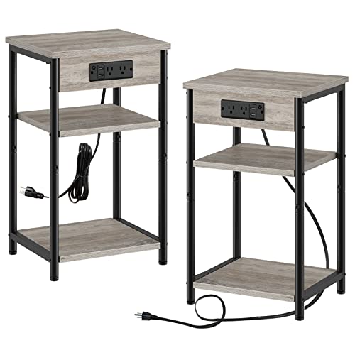 Rolanstar End Table with Charging Station, Set of 2 Small Nightstand with Storage Shelf, 3 Tier Slim Side Table with USB Ports & Outlets, Sofa Bedside Table for Bedroom, Living Room, Greige