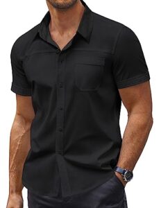 coofandy mens shirt muscle fit dress slim fit cotton casual button down with pocket, 01-black, large, short sleeve