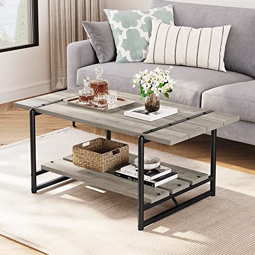 2-Tier Farmhouse 41'' Large Gray Wood Coffee Table with Storage Shelf -Modern Rustic Metal Rectangle Center Living Room Coffee Table Accent Furniture for Home Office,Easy Assembly