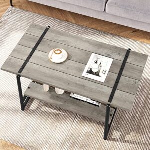 2-Tier Farmhouse 41'' Large Gray Wood Coffee Table with Storage Shelf -Modern Rustic Metal Rectangle Center Living Room Coffee Table Accent Furniture for Home Office,Easy Assembly