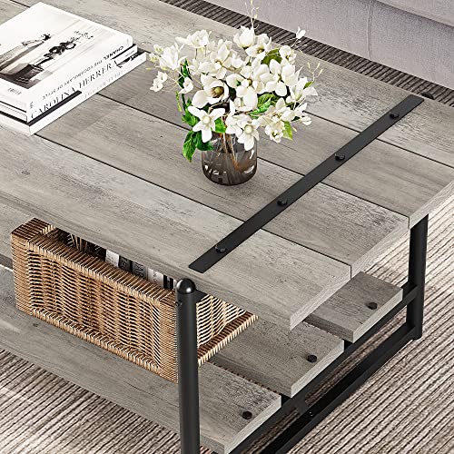 2-Tier Farmhouse 41'' Large Gray Wood Coffee Table with Storage Shelf -Modern Rustic Metal Rectangle Center Living Room Coffee Table Accent Furniture for Home Office,Easy Assembly