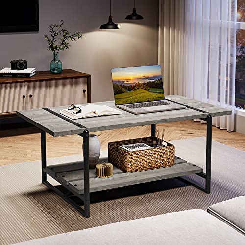 2-Tier Farmhouse 41'' Large Gray Wood Coffee Table with Storage Shelf -Modern Rustic Metal Rectangle Center Living Room Coffee Table Accent Furniture for Home Office,Easy Assembly