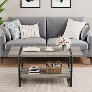 2-Tier Farmhouse 41'' Large Gray Wood Coffee Table with Storage Shelf -Modern Rustic Metal Rectangle Center Living Room Coffee Table Accent Furniture for Home Office,Easy Assembly