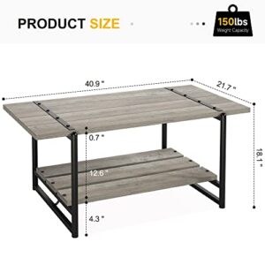 2-Tier Farmhouse 41'' Large Gray Wood Coffee Table with Storage Shelf -Modern Rustic Metal Rectangle Center Living Room Coffee Table Accent Furniture for Home Office,Easy Assembly