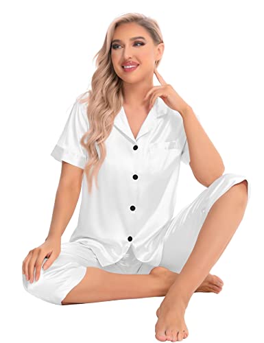 SWOMOG Women Satin Pajama Set Short Sleeve Sleepwear Capri Silk Pjs Set 2 Piece Loungewear Button Down Nightwear with Pockets