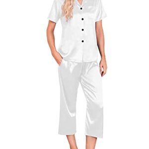 SWOMOG Women Satin Pajama Set Short Sleeve Sleepwear Capri Silk Pjs Set 2 Piece Loungewear Button Down Nightwear with Pockets