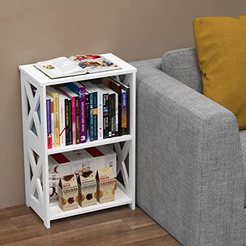 Rerii Side Table, End Table 3 Tier, Nightstand White 2 Shelf, Bookcase Bookshelf Small for Living Room Bedroom Bathroom