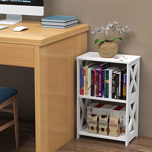 Rerii Side Table, End Table 3 Tier, Nightstand White 2 Shelf, Bookcase Bookshelf Small for Living Room Bedroom Bathroom