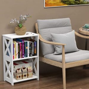 Rerii Side Table, End Table 3 Tier, Nightstand White 2 Shelf, Bookcase Bookshelf Small for Living Room Bedroom Bathroom