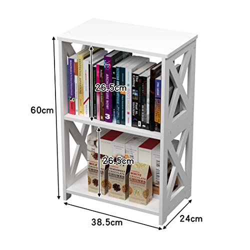 Rerii Side Table, End Table 3 Tier, Nightstand White 2 Shelf, Bookcase Bookshelf Small for Living Room Bedroom Bathroom