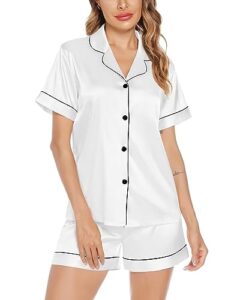 swomog women satin pajamas sets soft button-down silk sleepwear two-piece pjs sets loungewear white