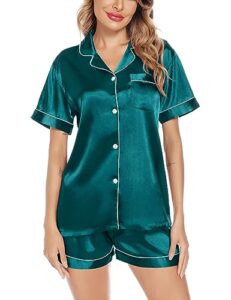 swomog woman silk pajamas sets button-down satin loungewear sleepwear 2 pieces pjs sets cute bridemide mightwear green