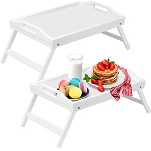 artmeer bed tray table with foldable legs,bamboo breakfast tray with handles ideal for sofa, bed, eating,working,used as laptop desk snack tray 2 pack(white)
