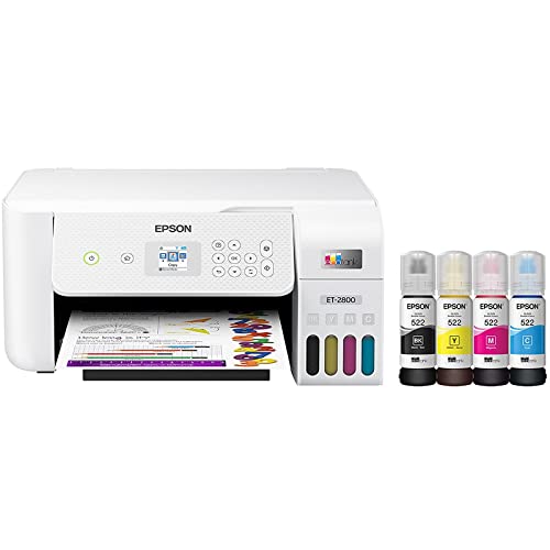 Epson EcoTank ET-2800 Wireless Color All-in-One Inkjet Printer, Print & Copy & Scan, 1200 x 2400 dpi, 1.44" Color LCD Display, Cartridge-Free, Photo Printing, White, with Lanbertent Printer Cable