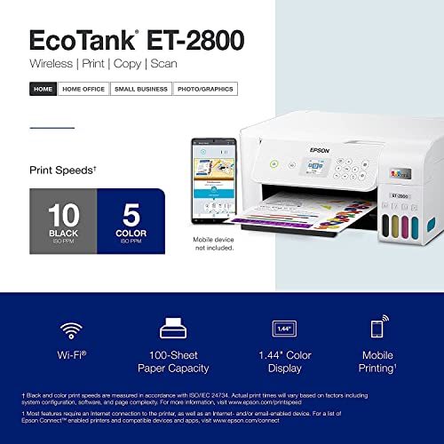 Epson EcoTank ET-2800 Wireless Color All-in-One Inkjet Printer, Print & Copy & Scan, 1200 x 2400 dpi, 1.44" Color LCD Display, Cartridge-Free, Photo Printing, White, with Lanbertent Printer Cable