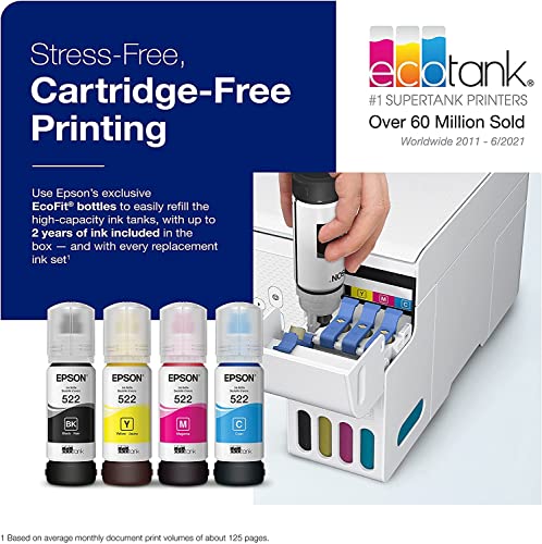 Epson EcoTank ET-2800 Wireless Color All-in-One Inkjet Printer, Print & Copy & Scan, 1200 x 2400 dpi, 1.44" Color LCD Display, Cartridge-Free, Photo Printing, White, with Lanbertent Printer Cable