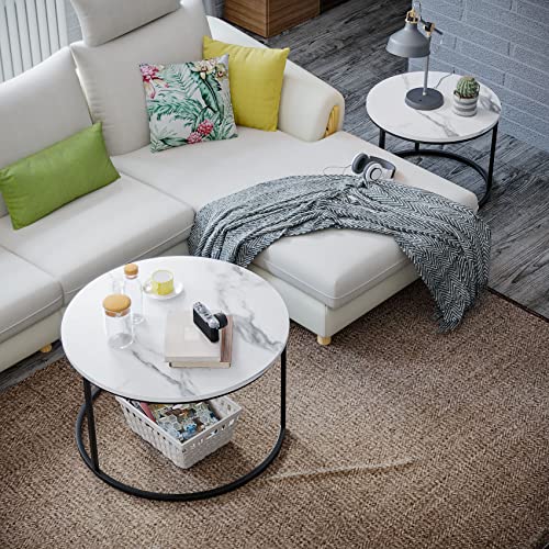 Semiocthome Round Nesting Coffee Table, 31.5" White Modern Accent Wood Coffee Tables Set of 2, Faux Marble Coffee Table for Living Room Small Space, End Side Nesting Tables with Sturdy Metal Frame