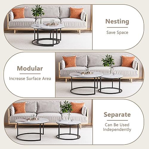 Semiocthome Round Nesting Coffee Table, 31.5" White Modern Accent Wood Coffee Tables Set of 2, Faux Marble Coffee Table for Living Room Small Space, End Side Nesting Tables with Sturdy Metal Frame