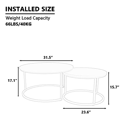 Semiocthome Round Nesting Coffee Table, 31.5" White Modern Accent Wood Coffee Tables Set of 2, Faux Marble Coffee Table for Living Room Small Space, End Side Nesting Tables with Sturdy Metal Frame