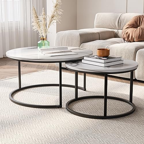 Semiocthome Round Nesting Coffee Table, 31.5" White Modern Accent Wood Coffee Tables Set of 2, Faux Marble Coffee Table for Living Room Small Space, End Side Nesting Tables with Sturdy Metal Frame