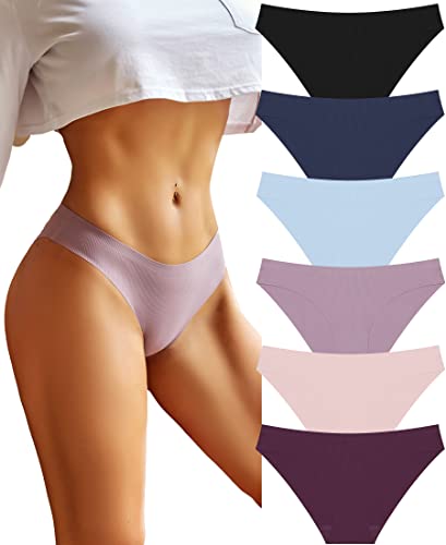 Knowyou 6 Pack Seamless Underwear for Women Sexy No Show Bikini Panties High Cut Hipster Breathable Stretchy Soft Briefs for Ladies