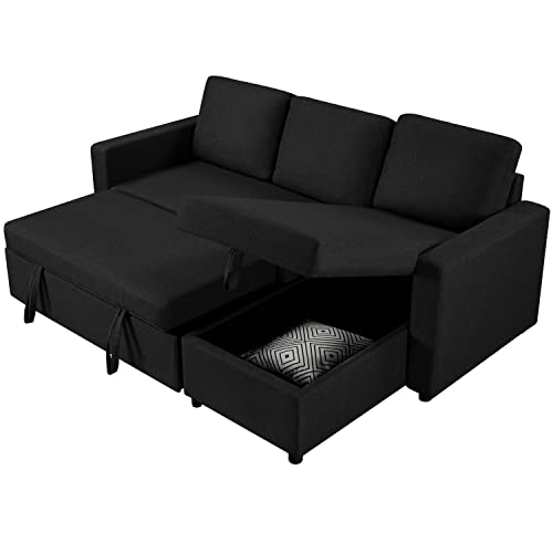 Yaheetech Sectional Sofa L-Shaped Sofa Couch Bed w/Chaise, Reversible Couch Sleeper w/Pull Out Bed & Storage Space, 4-seat Fabric Convertible Sofa, Pull Out Couch, Suitable for Living Room Black