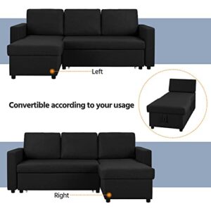 Yaheetech Sectional Sofa L-Shaped Sofa Couch Bed w/Chaise, Reversible Couch Sleeper w/Pull Out Bed & Storage Space, 4-seat Fabric Convertible Sofa, Pull Out Couch, Suitable for Living Room Black