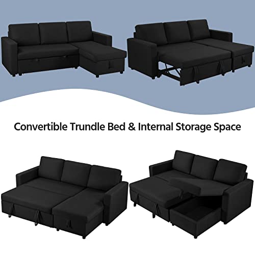 Yaheetech Sectional Sofa L-Shaped Sofa Couch Bed w/Chaise, Reversible Couch Sleeper w/Pull Out Bed & Storage Space, 4-seat Fabric Convertible Sofa, Pull Out Couch, Suitable for Living Room Black