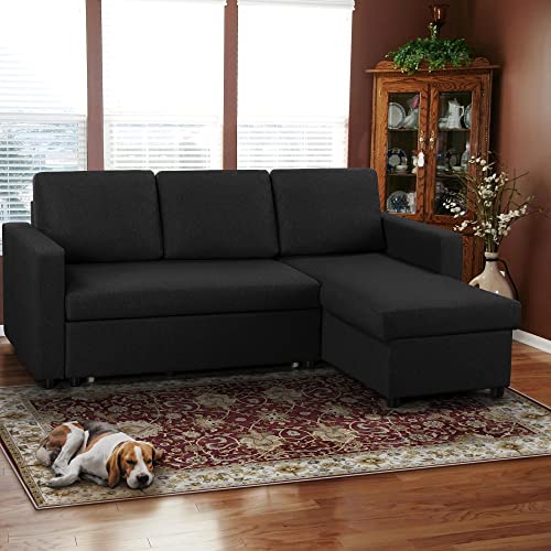 Yaheetech Sectional Sofa L-Shaped Sofa Couch Bed w/Chaise, Reversible Couch Sleeper w/Pull Out Bed & Storage Space, 4-seat Fabric Convertible Sofa, Pull Out Couch, Suitable for Living Room Black