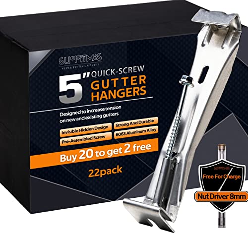 SUPFITMAS Gutter Hangers, 5 inch 22 Pack (+10% Quantity and a Free nut Driver), Premium Hidden Rain Gutter Guard Bracket Hook Accessories with Screw Clip Style, Reinforce Gutters