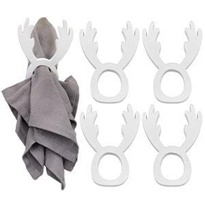 auldhome christmas reindeer napkin rings (set of 4, white); wooden holiday napkin holder rings