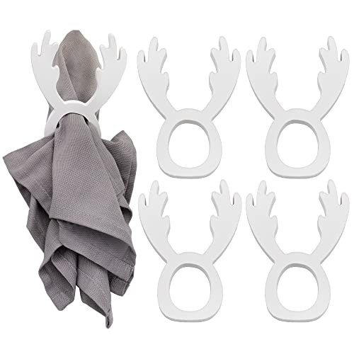 AuldHome Christmas Reindeer Napkin Rings (Set of 4, White); Wooden Holiday Napkin Holder Rings