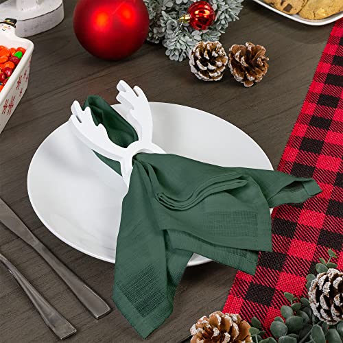 AuldHome Christmas Reindeer Napkin Rings (Set of 4, White); Wooden Holiday Napkin Holder Rings