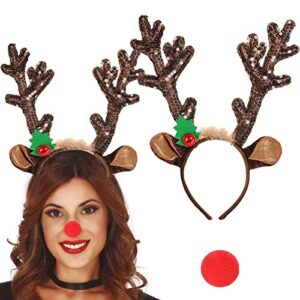 eyigylyo reindeer antlers headbands with red nose, christmas sequin reindeer headbands with bells antler xmas party headwear accessories for women girls kids