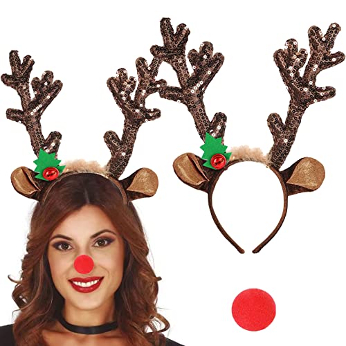 eyigylyo Reindeer Antlers Headbands with Red Nose, Christmas Sequin Reindeer Headbands with Bells Antler Xmas Party Headwear Accessories for Women Girls Kids