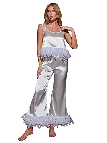 WDIRARA Women's 2 Piece Satin Feather Trim Tie Cami Top and Pants Pajama Lounge Set White L