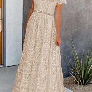 PRETTYGARDEN Women's Floral Lace Maxi Dress 2023 Short Sleeve V Neck Bridesmaid Wedding Evening Party Dresses (Apricot,Medium)