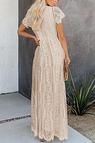 PRETTYGARDEN Women's Floral Lace Maxi Dress 2023 Short Sleeve V Neck Bridesmaid Wedding Evening Party Dresses (Apricot,Medium)