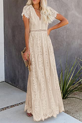 PRETTYGARDEN Women's Floral Lace Maxi Dress 2023 Short Sleeve V Neck Bridesmaid Wedding Evening Party Dresses (Apricot,Medium)