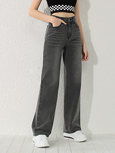 SweatyRocks Girl's High Waisted Solid Straight Leg Jeans Casual Loose Denim Pants Dark Grey 12-13Y