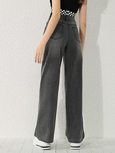 SweatyRocks Girl's High Waisted Solid Straight Leg Jeans Casual Loose Denim Pants Dark Grey 12-13Y