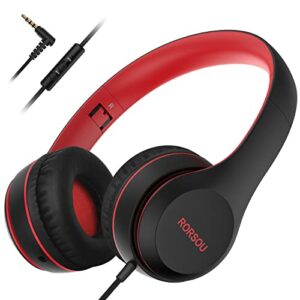 rorsou k5 kids headphones with microphone for shchool, volume limiter 85/94db, foldable stereo tangle-free 3.5mm jack wired cord on-ear headphones for children/boys/girls/kindle/tablet/mp3/4 (black)