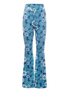 wdirara women's elastic high waist allover print floral bell bottom flare leg long pants blue and white s