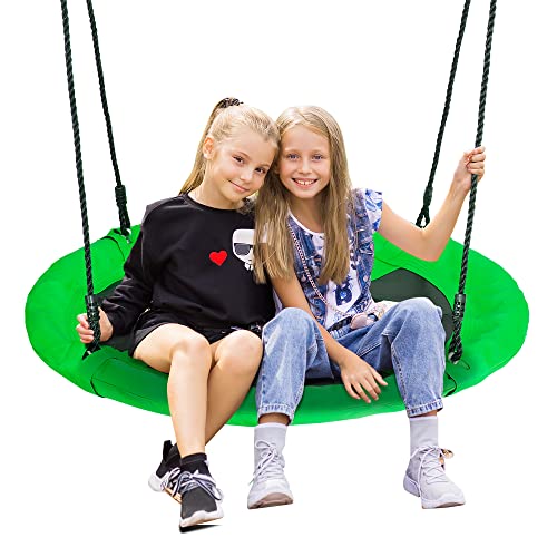 SUPER DEAL 40 Inch Green Saucer Tree Swing Set for Kids Adults 800lb Weight Capacity Waterproof Flying Swing Seat Textilene Fabric with Adjustable Hanging Ropes for Outdoor Playground, Backyard