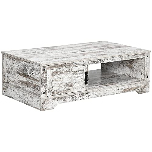 HOMCOM Rustic Coffee Table with Storage, Vintage Coffee Table for Living Room Furniture, Cocktail Table with Cabinet, Open Storage Compartments