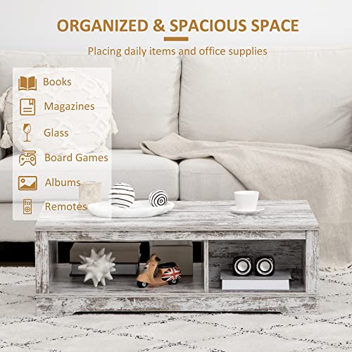 HOMCOM Rustic Coffee Table with Storage, Vintage Coffee Table for Living Room Furniture, Cocktail Table with Cabinet, Open Storage Compartments