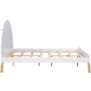 Kids Full Bed Frame with Curved Headboard, Children Full Platform Bed Frame with Shelf Behind Headboard, Cute Wooden Single Bed for Kids, Girls Boys, No Box Spring Needed (Full, White)